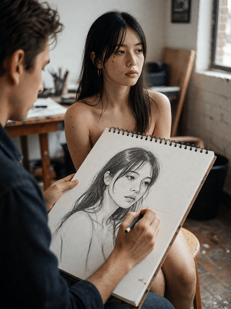 The same woman from the reference image, unchanged: same fac