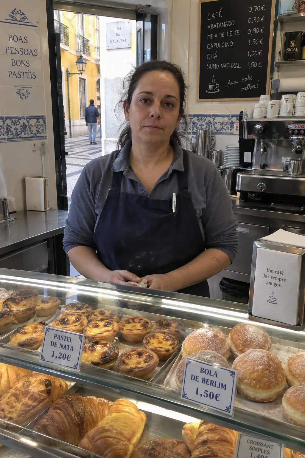 Uma cena autêntica de manhã em Lisboa, com a simplicidade de uma confeitaria local. A imagem captura a essência do dia a dia português entre azulejos e pastéis de nata.