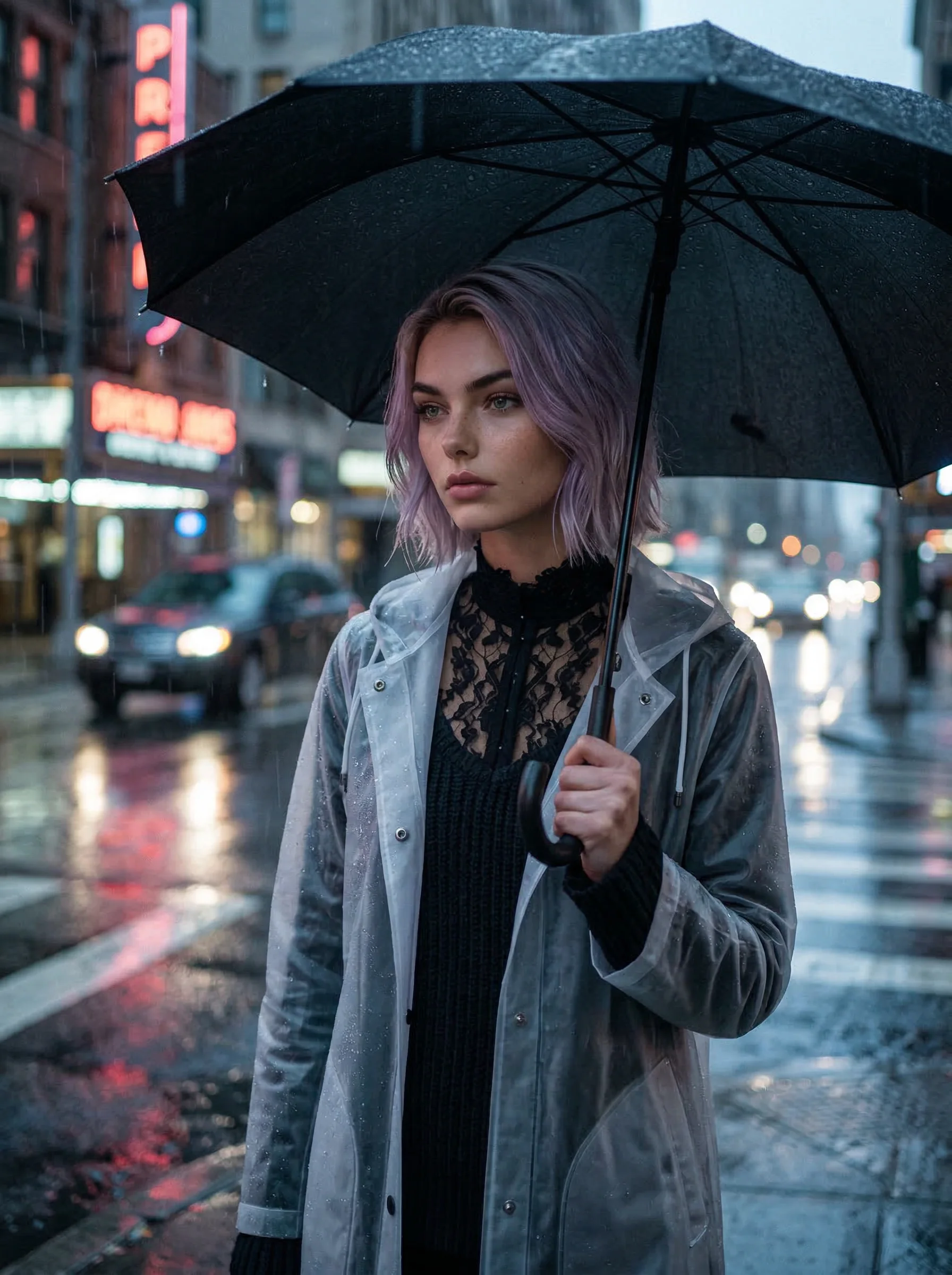 Luz e chuva refletidas no guarda-chuva (Neon Blade Vibe) em 40 sec
